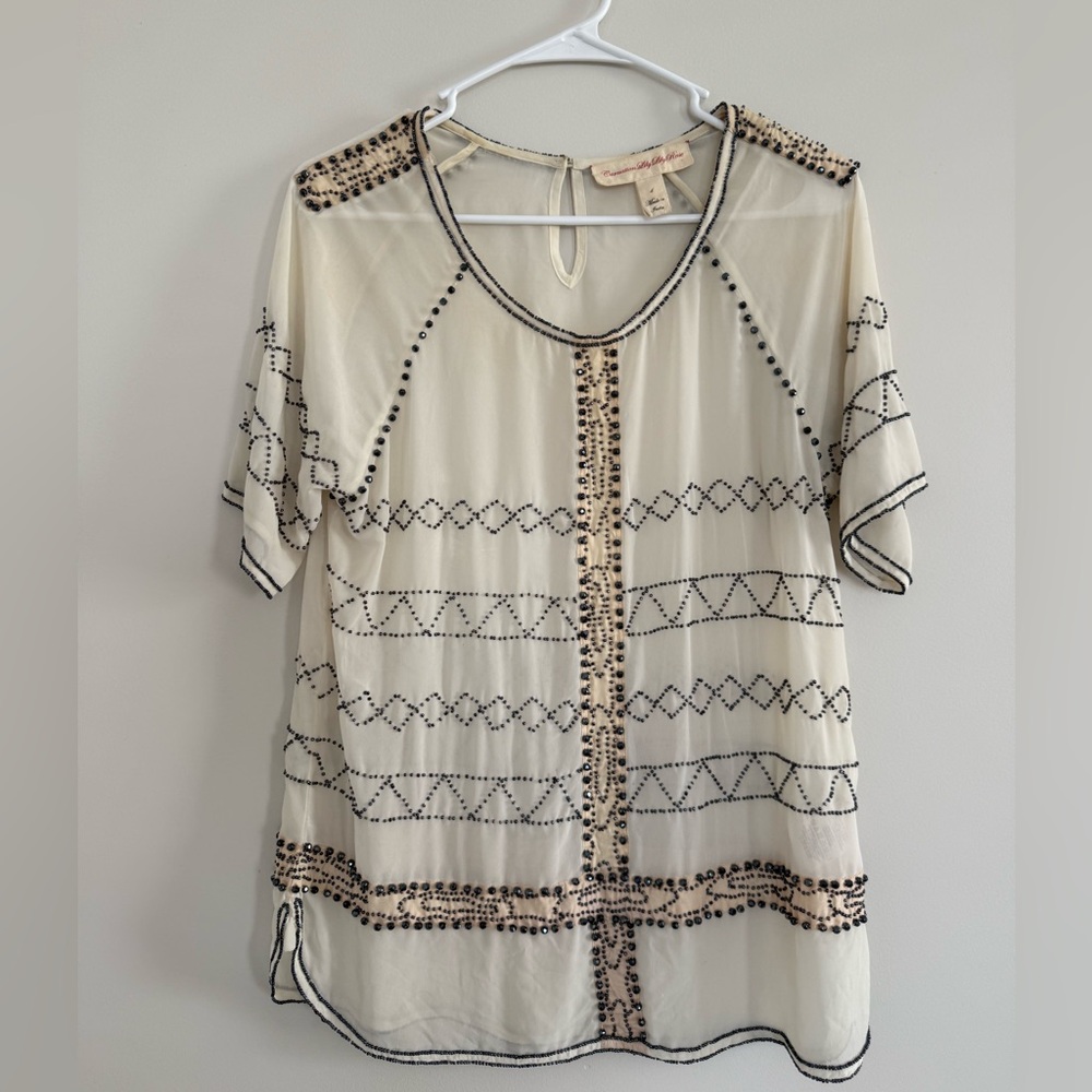 Anthropologie Carnation Lily Lily Rose Cream Blouse with Black Embroidery